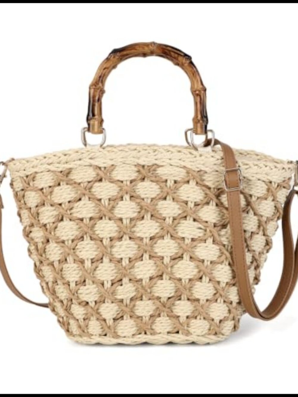Woven Straw Crossbody Bag Handmade Boho Tote with Bamboo Handle